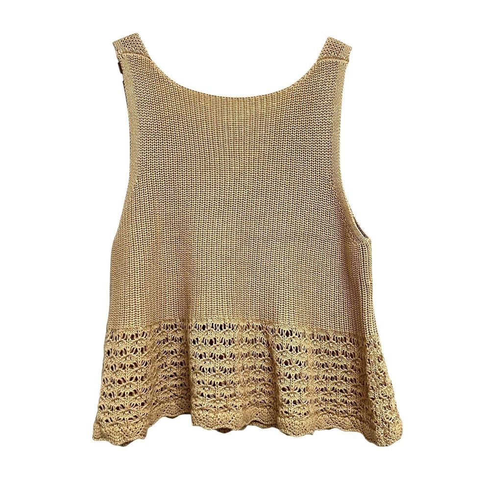525 America Knit Top Womens Small Tan Crochet Lace Hem Sleeveless Boho Scoop